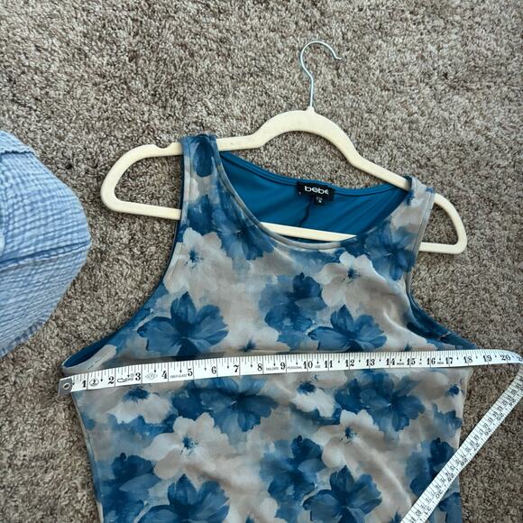 VTG Bebe Blue Floral Mesh Maxi Dress Slim Fit 90s Grunge Fairycore Bodycon Sz M - Picture 9 of 11